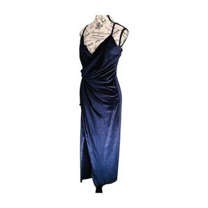 Midnight Blue Velvet Draped Dress – Ruched Maxi – Size Small